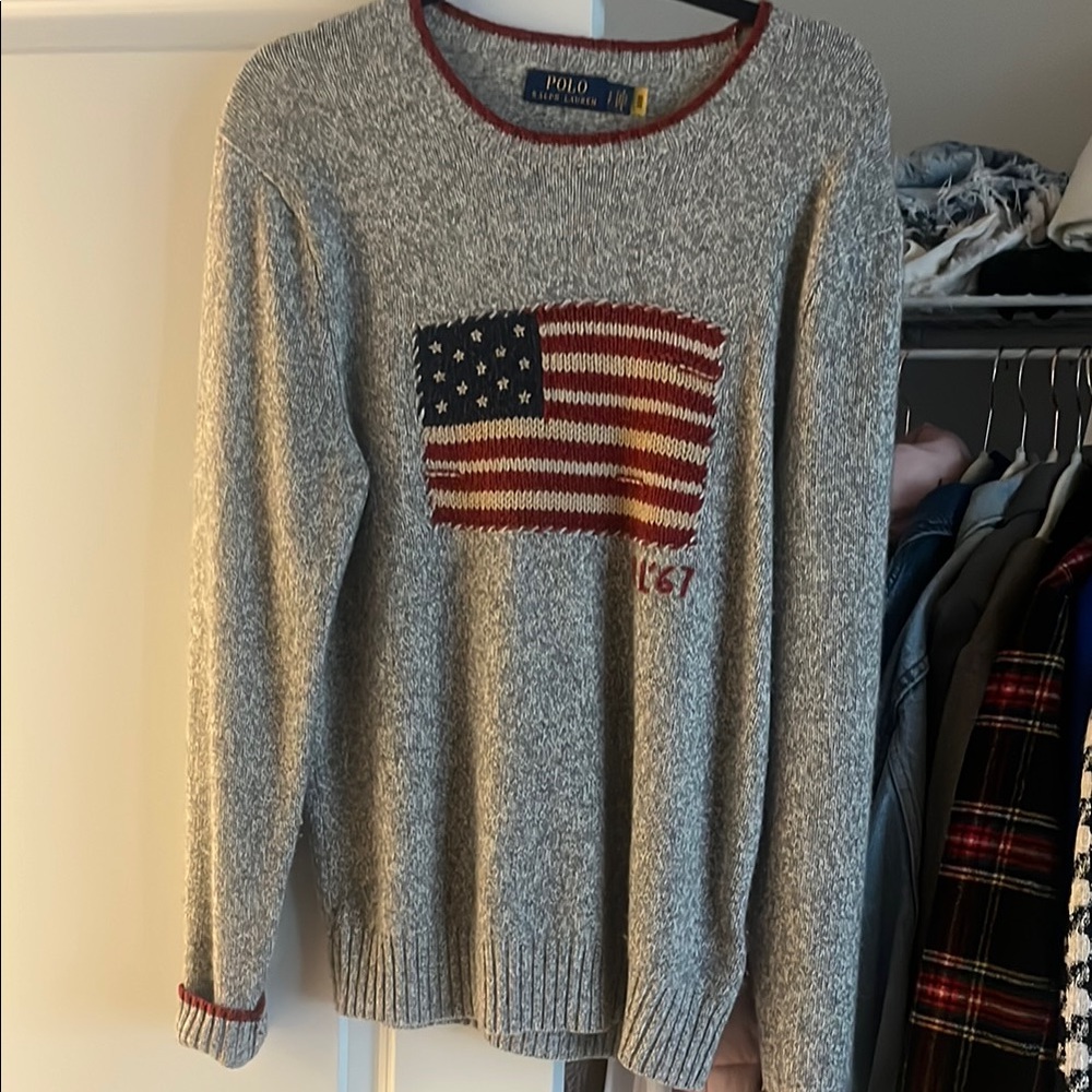 Polo by Ralph Lauren Gray Sweater with American Flag